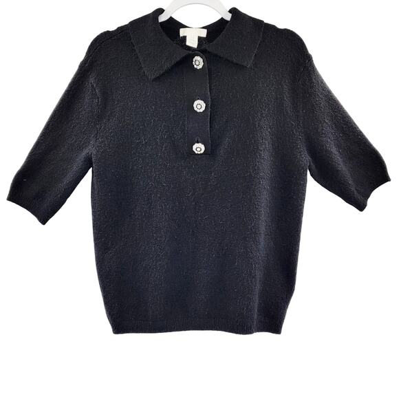 H&M Black Wool Blend Rhinestone Button Embellished Collared Sweater Women's XS - Picture 1 of 8